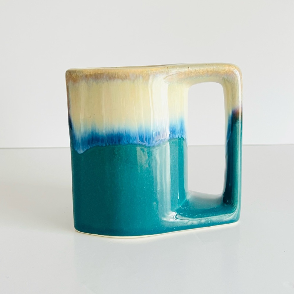 Pottery Mug Teal Drip Glaze Dolphins Signed Vintage Rodolfo Padilla